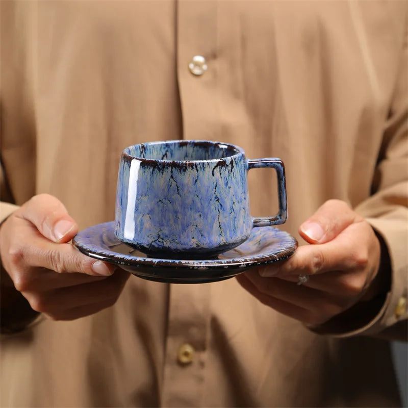 180ML Japanese Espresso Cup and Dish Kiln Transformed Ceramic Cup Retro Coarse Ceramic Mug Living Room Decoration