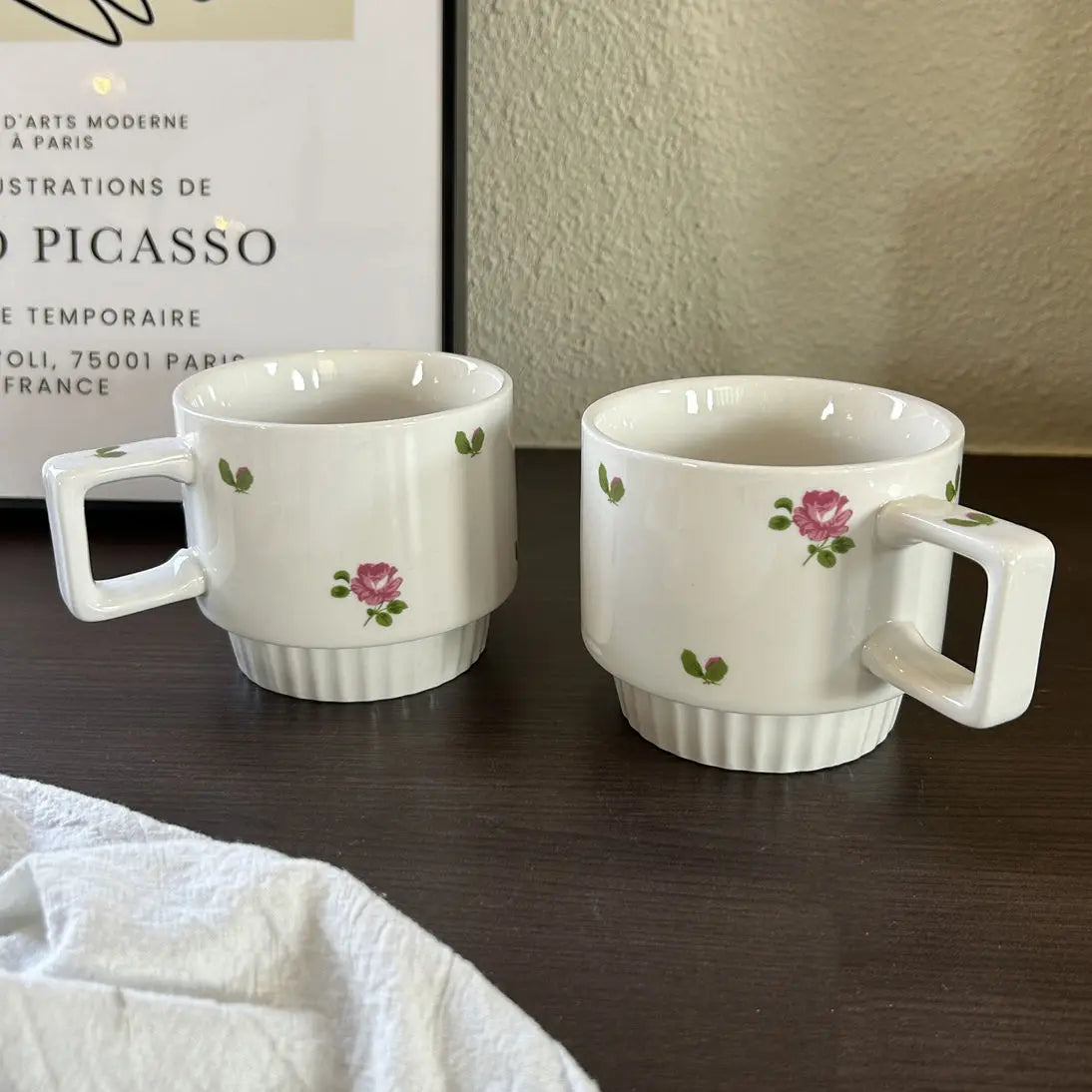 French Vintage Pink Rose Ceramic Coffee Mug,Ribbed Base Water Cup for Home,Premium Aesthetic Mug for Breakfast&Daily Drinkinking
