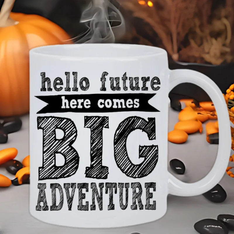 1pc 11Oz Insulated Ceramic Coffee Mug with "Hello Future Big Adventure" Quote - Reusable White Motivational C