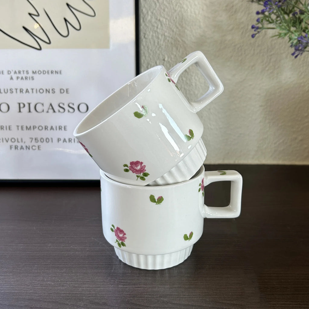 French Vintage Pink Rose Ceramic Coffee Mug,Ribbed Base Water Cup for Home,Premium Aesthetic Mug for Breakfast&Daily Drinkinking