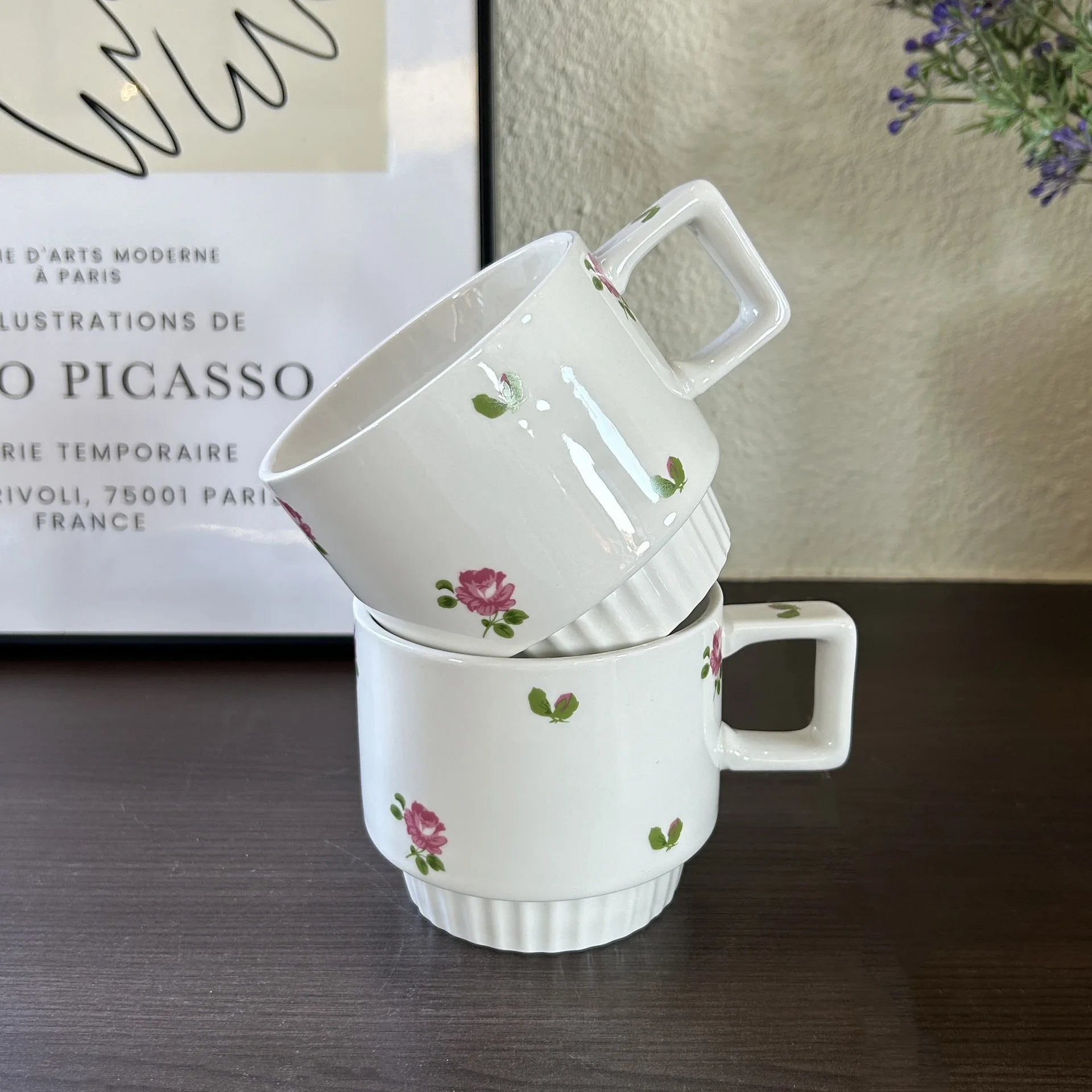 French Vintage Pink Rose Ceramic Coffee Mug,Ribbed Base Water Cup for Home,Premium Aesthetic Mug for Breakfast&Daily Drinkinking