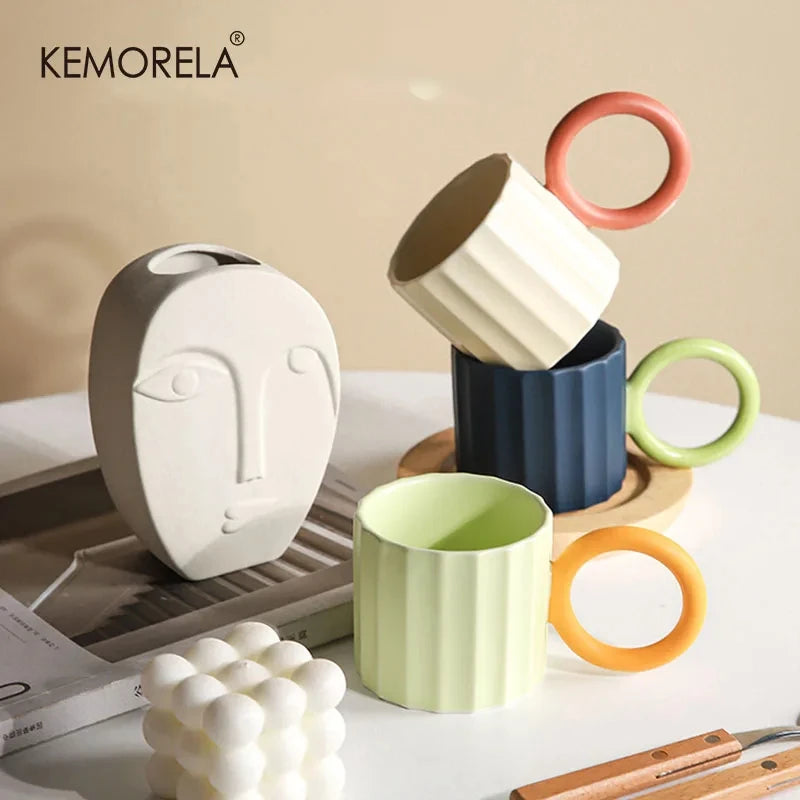 1Pc Nordic Round Handle Ceramic Coffee Mug for Coffee Tea Milk Water Couple Mug Microwave Safe Creative Birthday Gift Coffee Cup